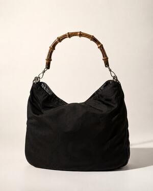 Gucci Black Nylon Bamboo Top Handle Bag Logo Jacquard Lining